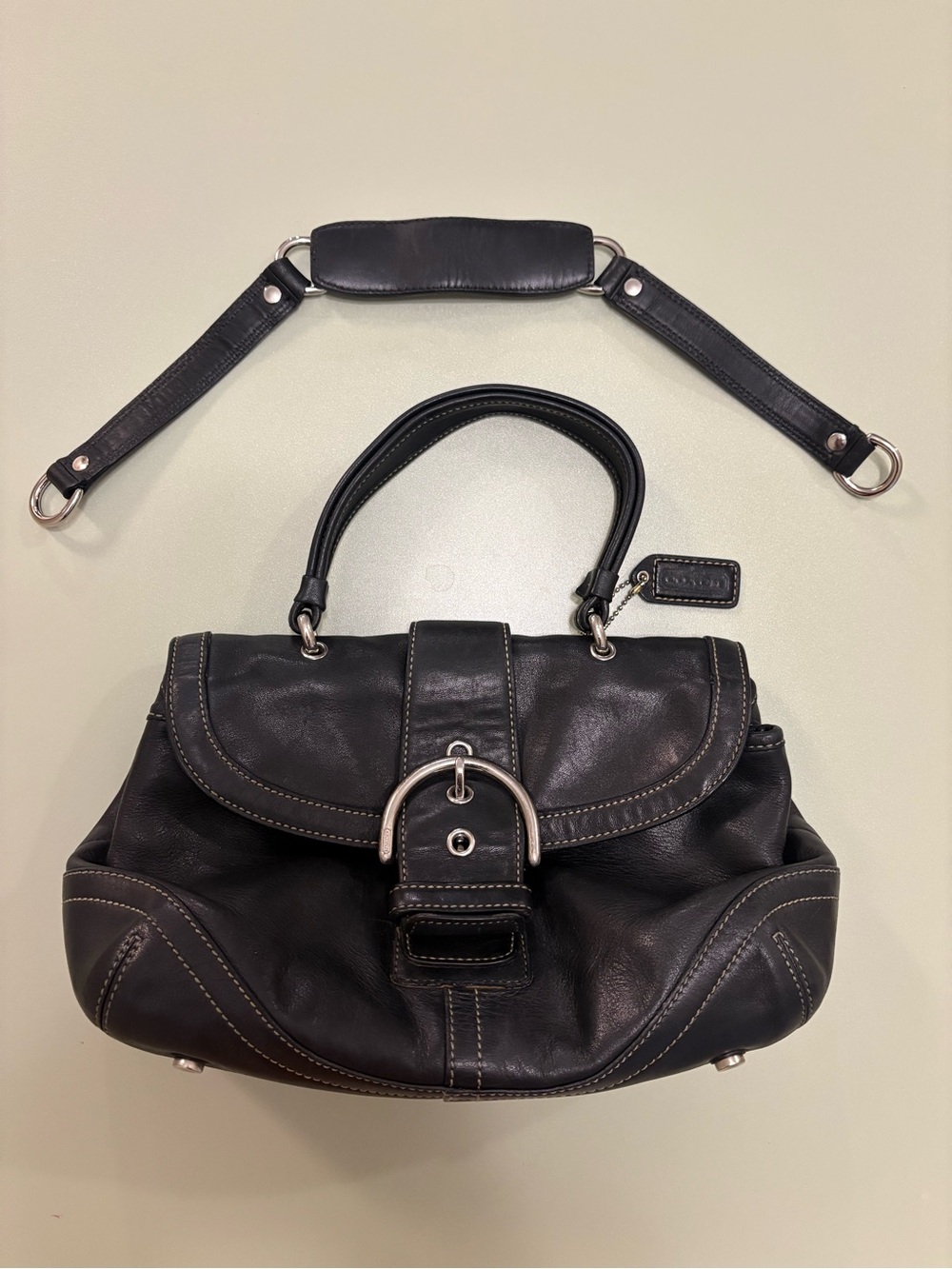 Coach Soho Buckle Bag – Black Leather – White Stitching - Style C05S-9743 -